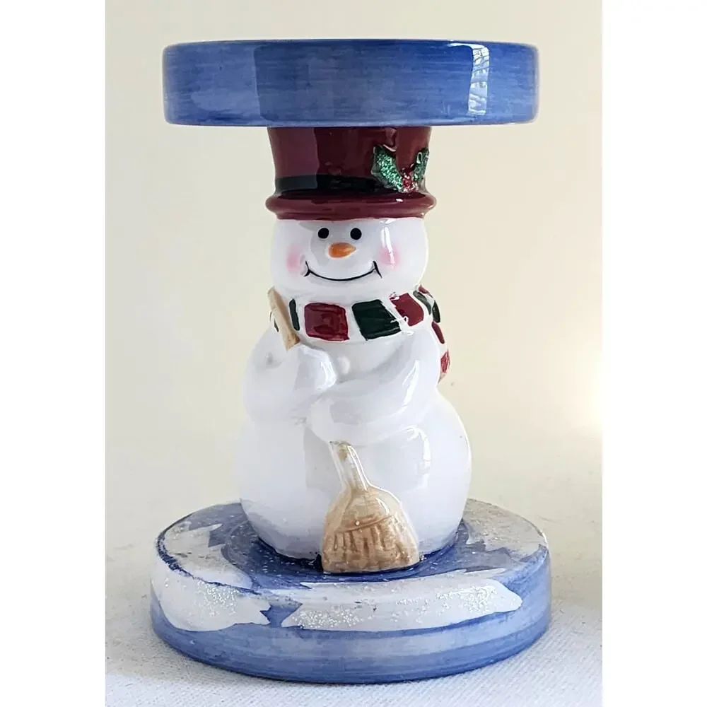 Home Interiors Snowman Pillar Candle Holder Ceramic Christmas Winter Decor 6